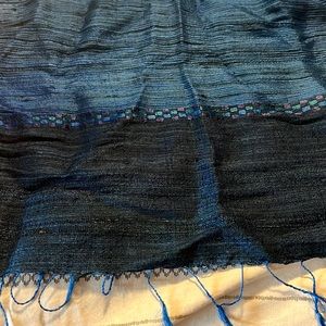 Two-tone Blue scarf with a 1/2 inch  linear design having purple, green and blue